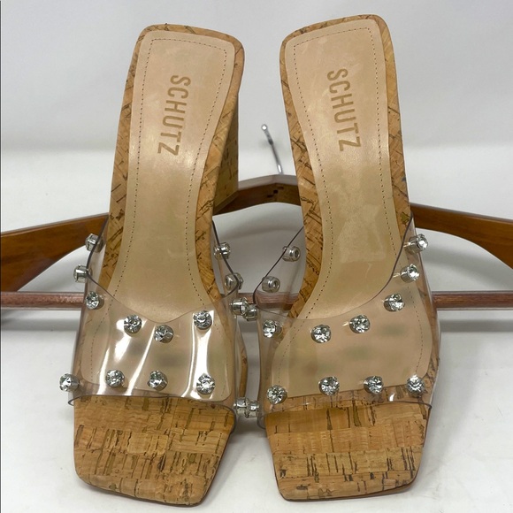 SCHUTZ Silver Rhinestone Studded Clear Tan Cork Heel Sandals Size 8.5 Brand New